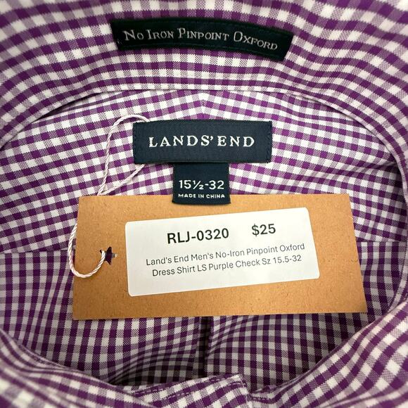 Land's End Men's No-Iron Pinpoint Oxford Dress Shirt LS Purple Check - Picture 3 of 7